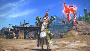 Lalafell Summoner with Ifrit-Egi, wearing Artifact Armor